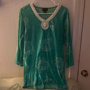 Charlie Paige Turquoise Tunic with White Crochet Detail